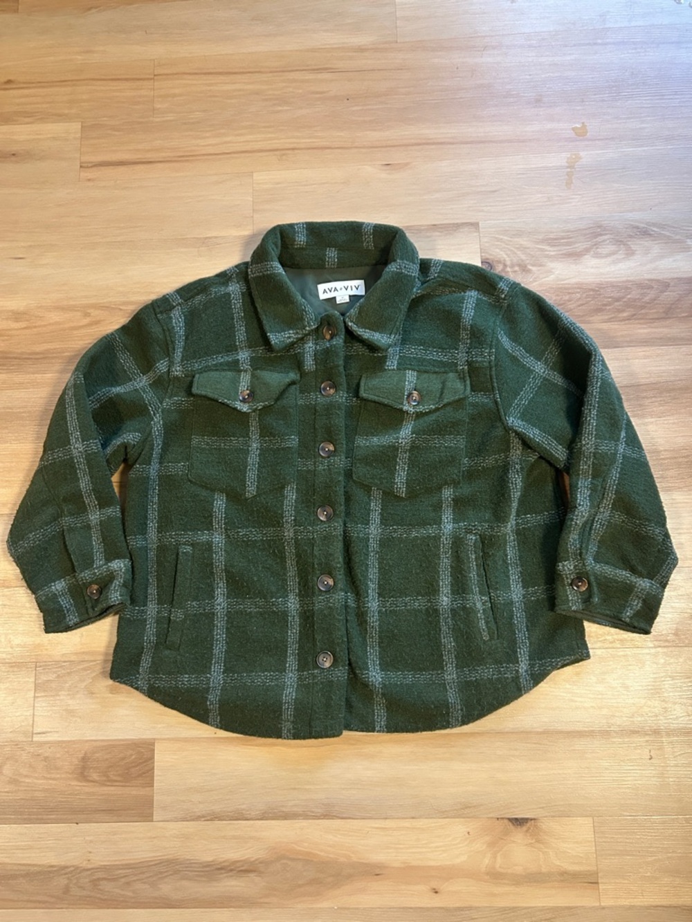 Ava & Viv Forest Green Plaid Button Shirt Jacket
